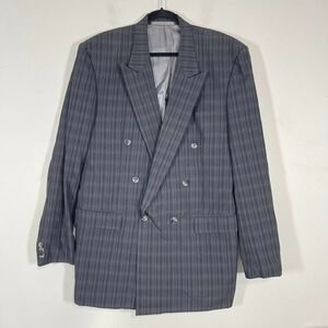 VTG Woodhouse Cloth Mens Double Breasted Blazer Dark Gray Blue Plaid UK 90s 44R